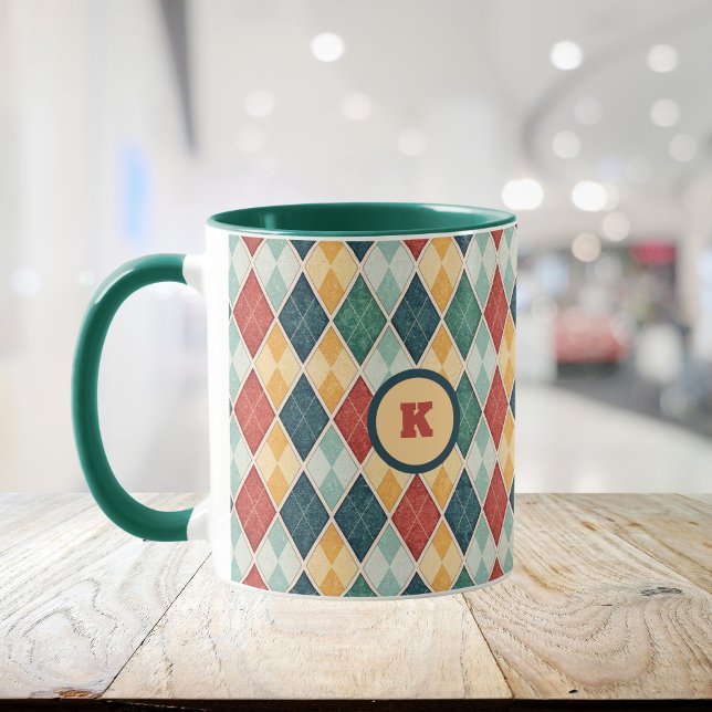 Mug Arlequin Rétro Rouge or Vert Jacquard initial (Créateur téléchargé)