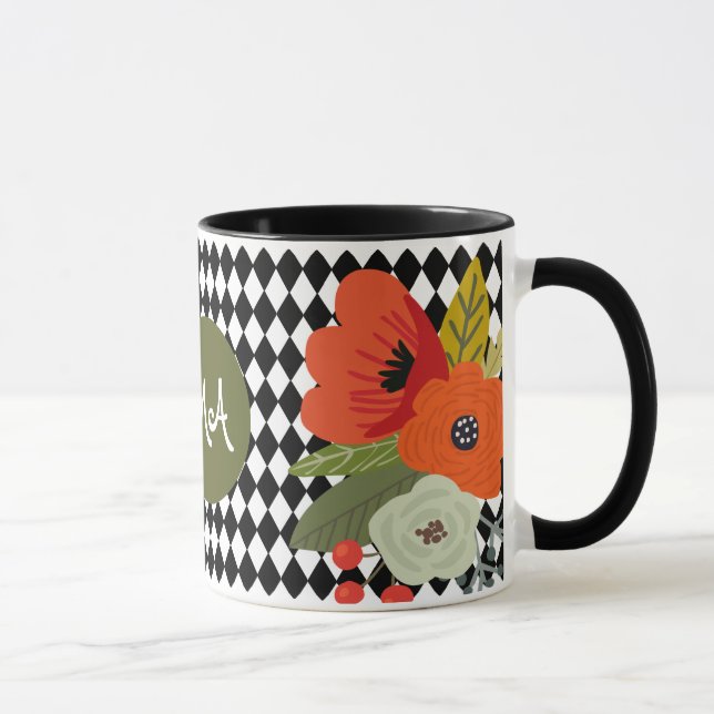 Mug Arlequin tuiles & Fleurs, Monogramme personnalisab (Droite)