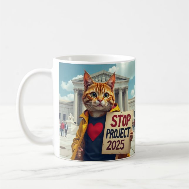 Mug Arrêtez le projet 2025 Cat Protesteur AI Art (Gauche)