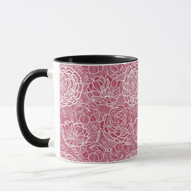 Mug Arrière - plan bleu de motif de fleurs de dentelle (Gauche)