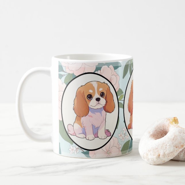 Mug Arrière - plan de fleurs classiques Cavalier King  (Avec donut)
