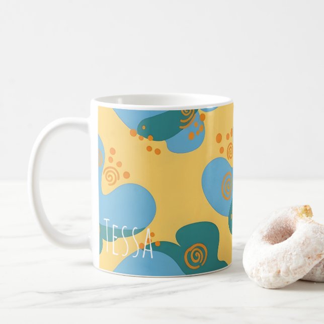 Mug Art abstrait funky rétro sarcelle et jaune fantais (Avec donut)