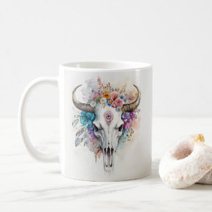Mug Art aquarellé de crâne de taureau floral