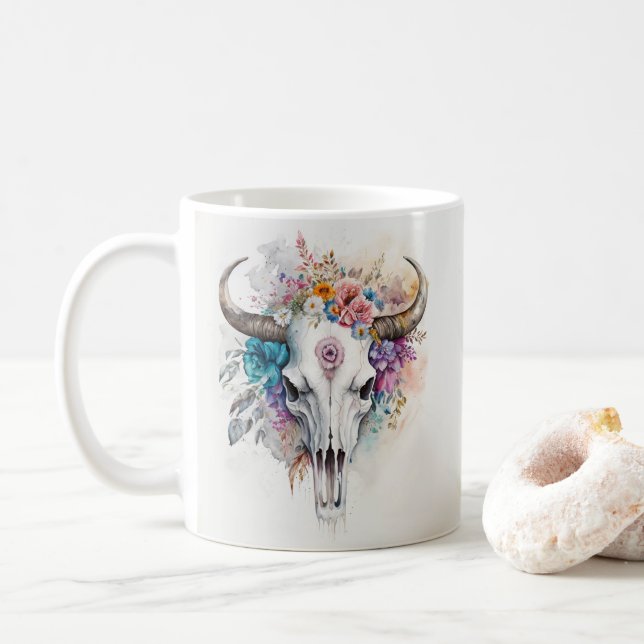 Mug Art aquarellé de crâne de taureau floral (Avec donut)