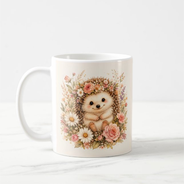 Mug Art aquarelle de hérisson floral (Gauche)