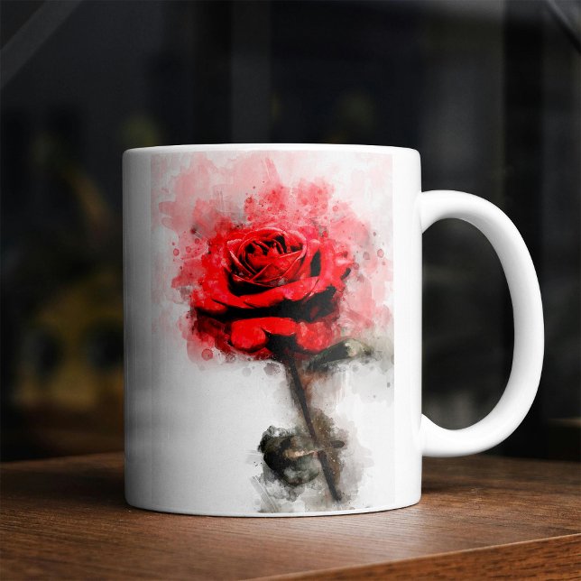 Mug Art aquarelle d'une rose rouge sur fond blanc (Red Rose Watercolor Art on White Background. Coffee Mug)