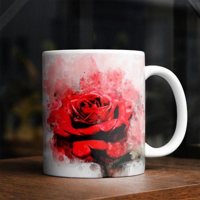 Mug Art aquarelle d'une rose rouge sur fond blanc (Red Rose Watercolor Art on White Background. Coffee Mug)