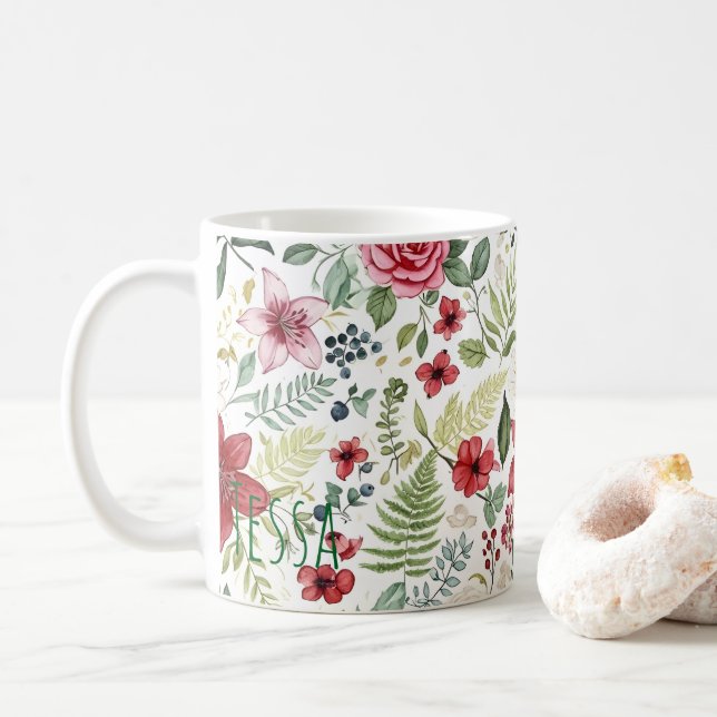 Mug Art botanique élégant à l'aquarelle de rose et de  (Avec donut)