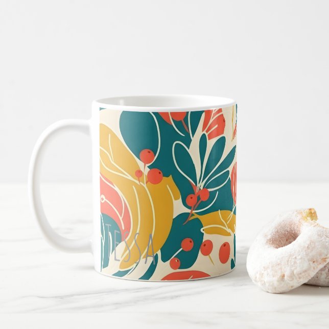 Mug Art botanique rétro de feuilles et de baies (Avec donut)