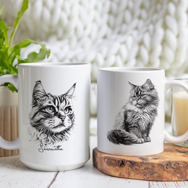 Mug Art de tête de chat gravé noir (Créateur téléchargé)