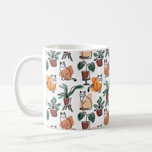 Mug Art de trait dessin chats et fleurs (Gauche)