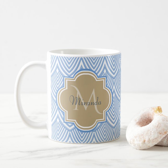 Mug Art Déco Écailles de Poisson Bleu Clair Tan Monogr (Avec donut)