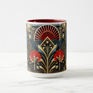 Mug Art Déco Noir Rouge Or Abstrait