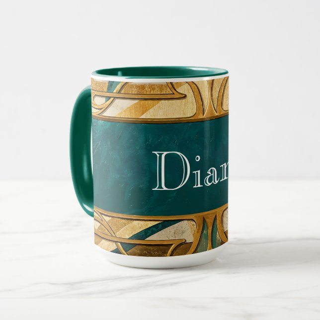 Mug Art Déco personnalisé bandes vertes et or (Devant gauche)