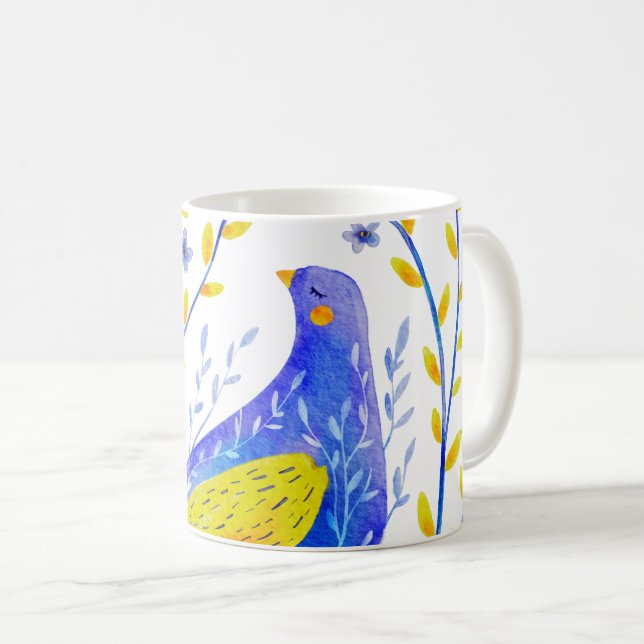Mug Art d'oiseau bleu et jaune à l'aquarelle moderne (Devant droit)