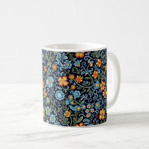 Mug Art floral complexe : Fleurs bleues et orange