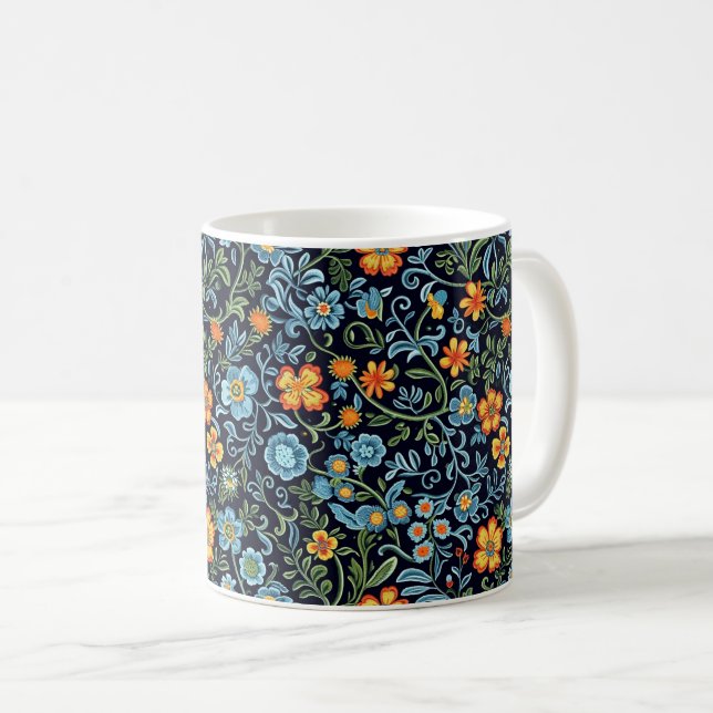 Mug Art floral complexe : Fleurs bleues et orange  (Devant droit)
