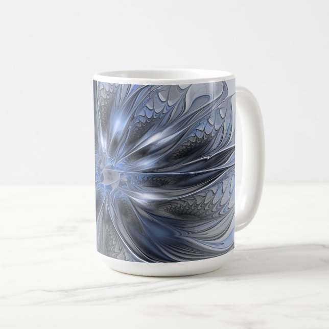 Mug Art floral fractal abstrait aquarelle gris bleu (Devant droit)