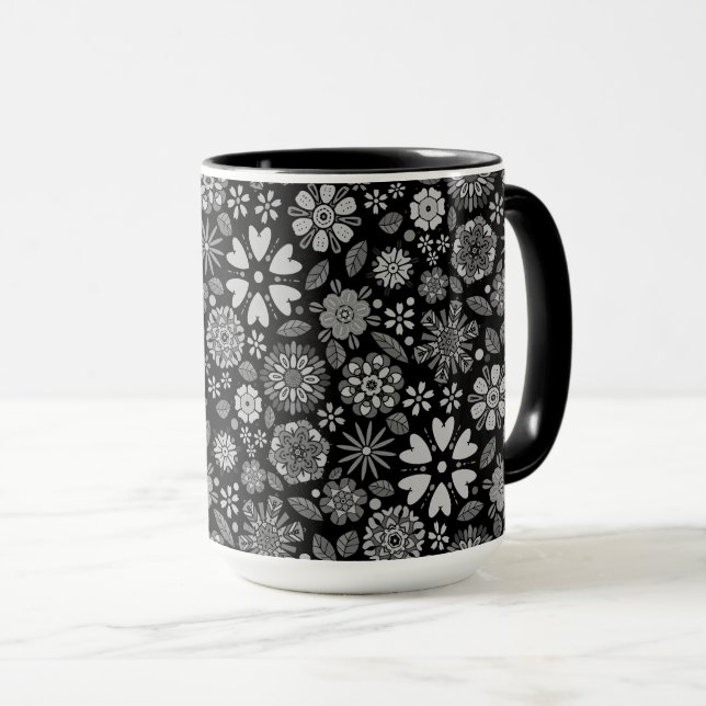 Mug Art Floral Noir Et Gris Rétro Motif sans couture (Devant droit)