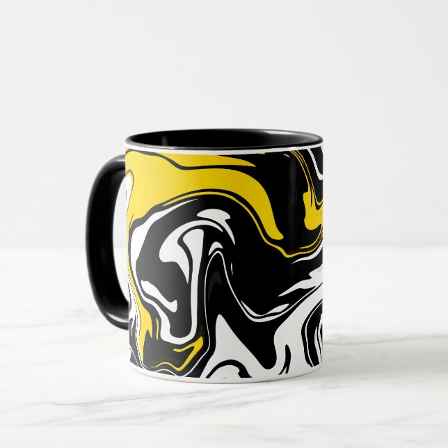 Mug Art fluide abstrait avec noir, blanc et jaune (Devant gauche)