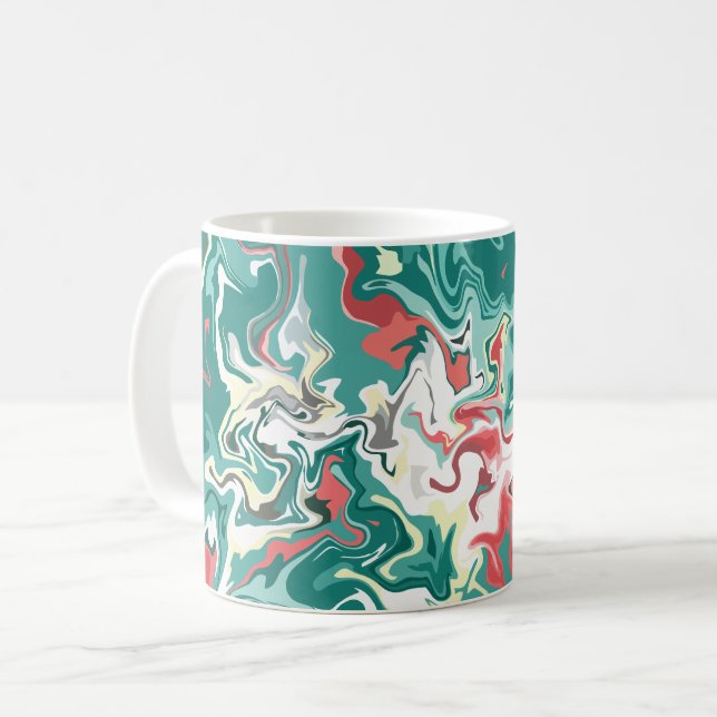 Mug Art fluide abstrait en vert, blanc et rouge  (Devant gauche)