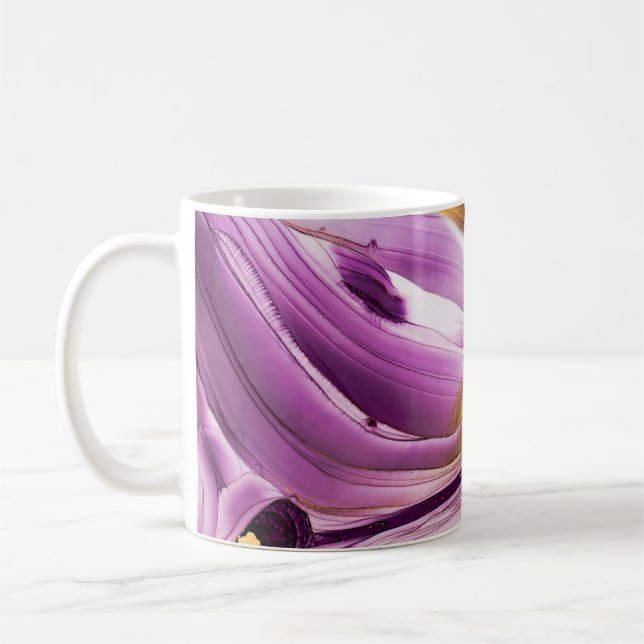 Mug Art fluide, texture dorée lilas marbrée. (Gauche)