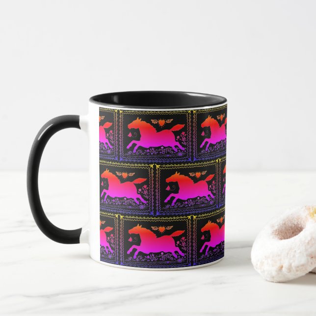 MUG ART FOLK PRIMITIF EXÉCUTANT HORSE EQUINE SILHOUETT (Avec donut)