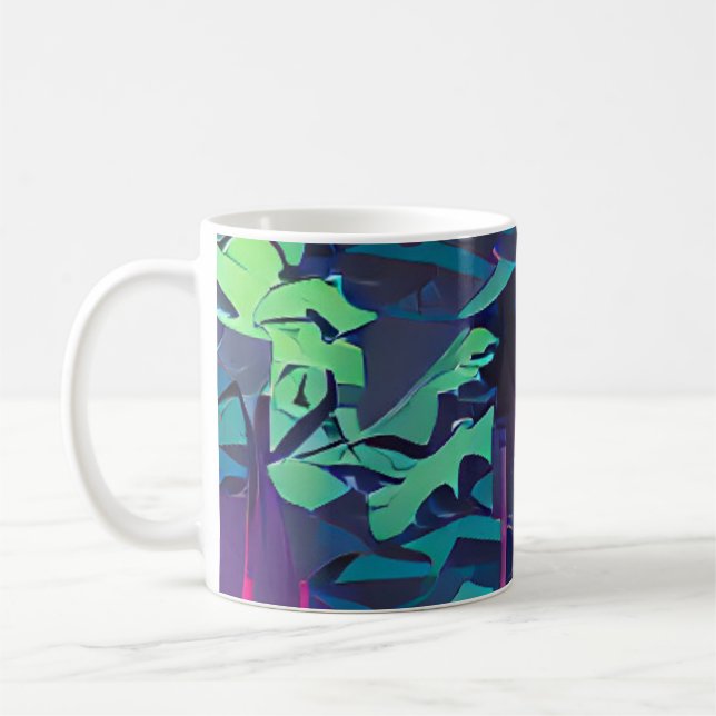Mug Art graphique abstrait forestier rose et vert (Gauche)