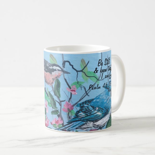 Mug Art Moderne Roses et Oiseaux Bleus avec Verset de  (Devant droit)