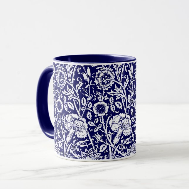 Mug Art Nouveau Carnation Damask, Navy et Blanc (Devant gauche)