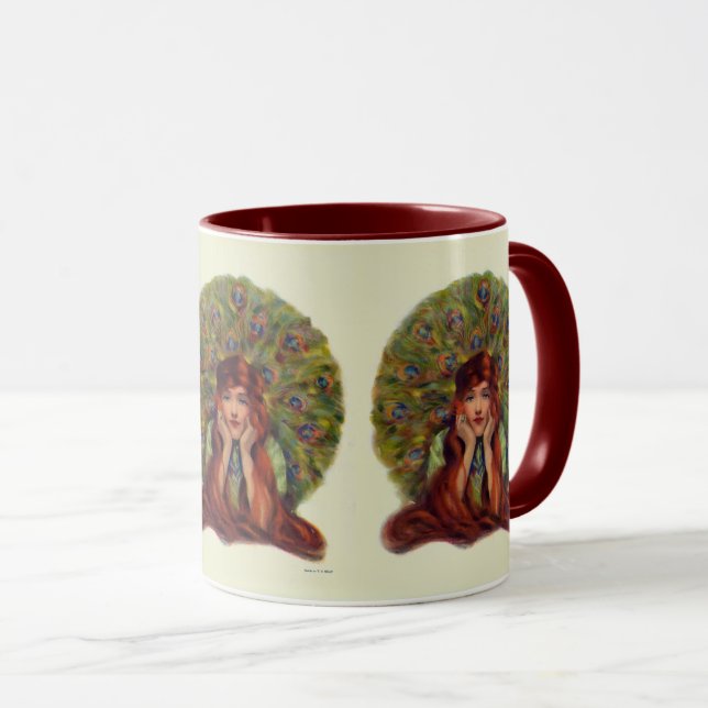 Mug Art nouveau déco élégante femme paon plumes (Devant droit)