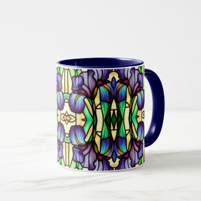 Mug Art Nouveau Faux Vitrail Violet Iris Fleurs (Devant droit)