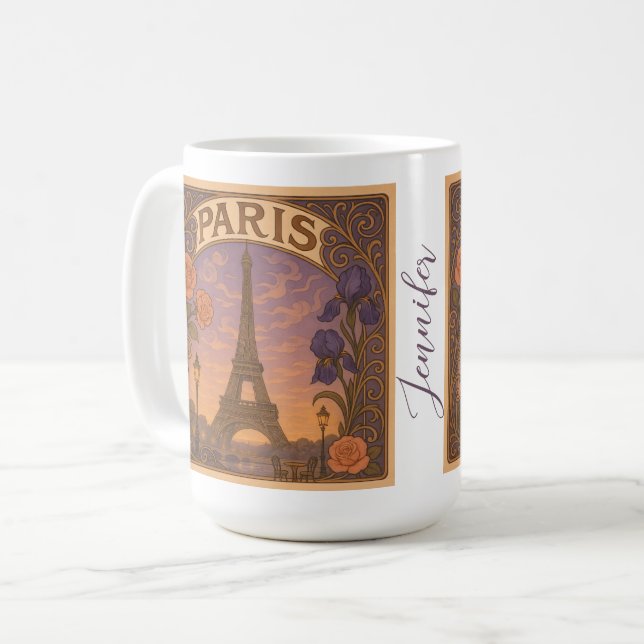 Mug Art Nouveau Paris Tour Eiffel Floral Nom personnal (Devant gauche)