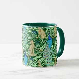 Mug Art Nouveau Peacock Print, Cobalt Blue & Green