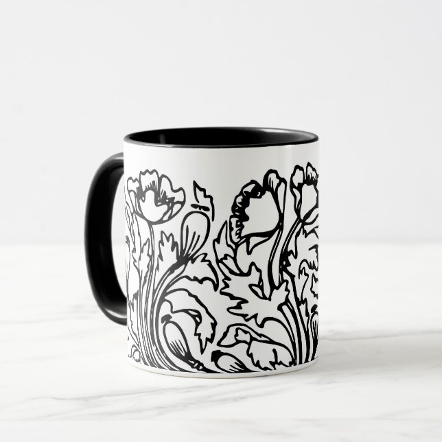 Mug Art nouveau poppy floral noir blanc élégant (Devant gauche)
