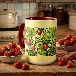 Mug Art Nouveau Rétro Vignes de Fraisier avec Fleurs