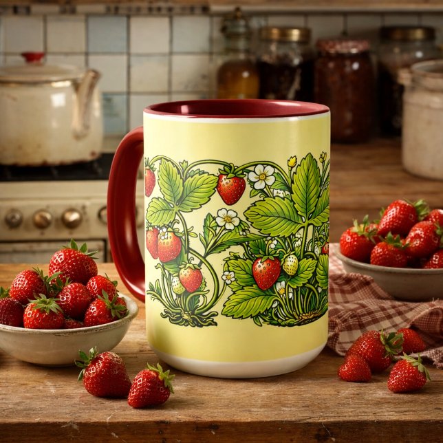Mug Art Nouveau Rétro Vignes de Fraisier avec Fleurs (Créateur téléchargé)