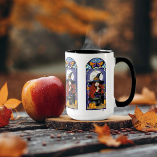 Mug Art Nouveau Sorcière d'Automne Citrouilles Lune Vi