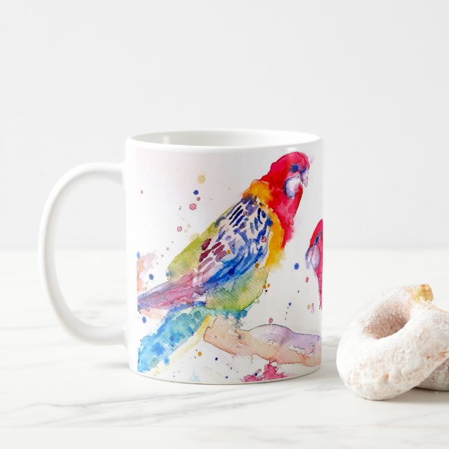 Mug Art perroquet Aquarelle Peinture Bleu Rouge Coloré (Avec donut)