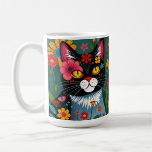 Mug Art populaire noir et blanc Chat et fleurs Whimsic