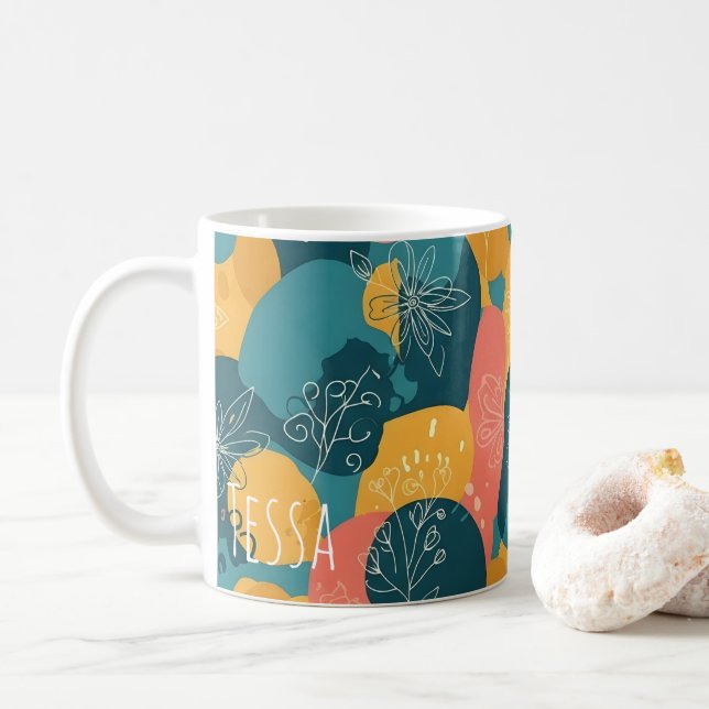 Mug Art rétro funky sarcelle et jaune fantaisiste (Avec donut)