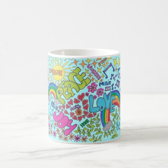 Mug Art rétro. Paix, Amour, Joie. Style années 60 (Centre)