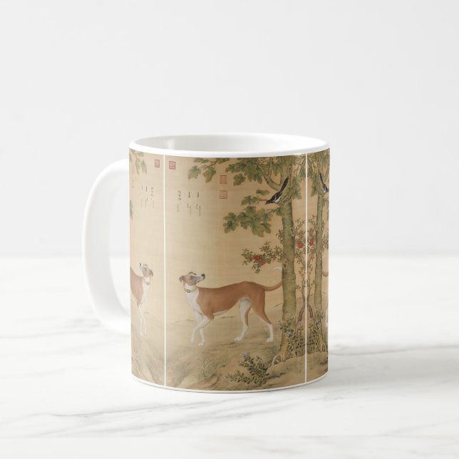 Mug Art vintage du lévrier chinois et de l'oiseau (Devant gauche)
