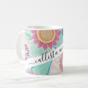 Mug Artsy rose Fleurs Turquoises Feuilles huile peint