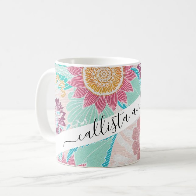 Mug Artsy rose Fleurs Turquoises Feuilles huile peint  (Devant gauche)