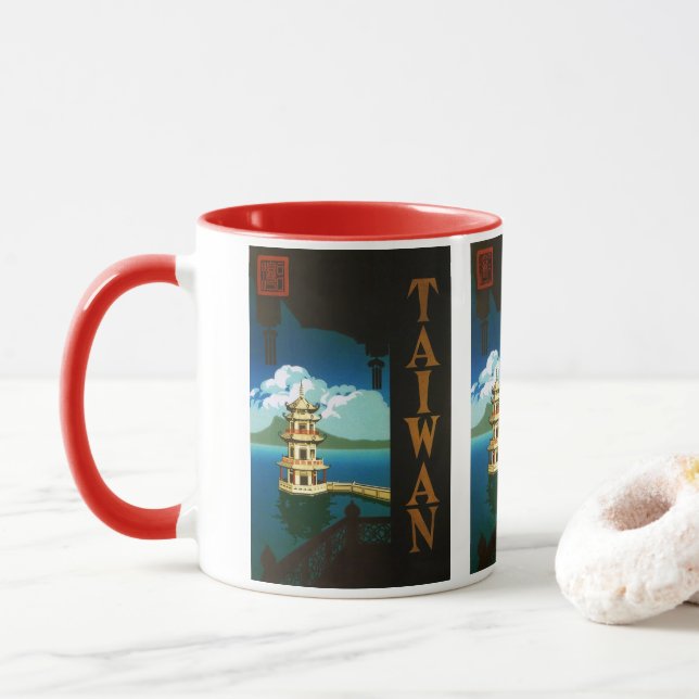 Mug Asie Vintage voyage, Taïwan Pagoda Tour Tirée (Avec donut)