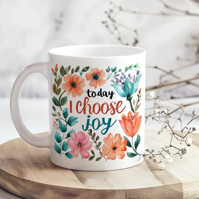 Mug "Aujourd'hui je choisis la joie" Pastel Floral Ins ("Today I Choose Joy" Pastel Floral Inspiration Coffee Mug on a boho kitchen table with dry flowers)