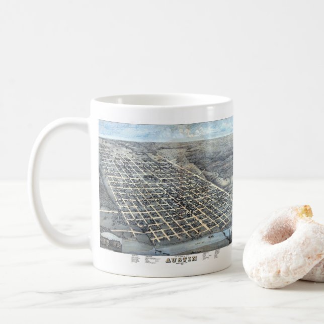 Mug Austin, Texas Antique Aerial City Carte de 1873 (Avec donut)