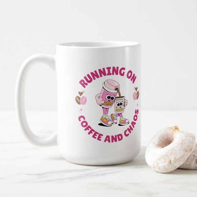 Mug Autocollant Running on Coffee and Chaos (Avec donut)