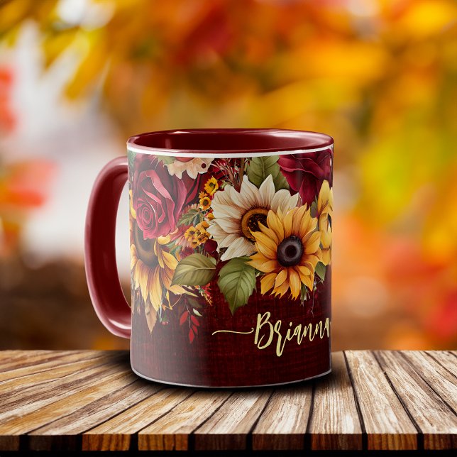 Mug Automne automne thème bordeaux tournesols rose (Bridesmaid gifts Fall autumn themed burgundy roses sunflowers mug)